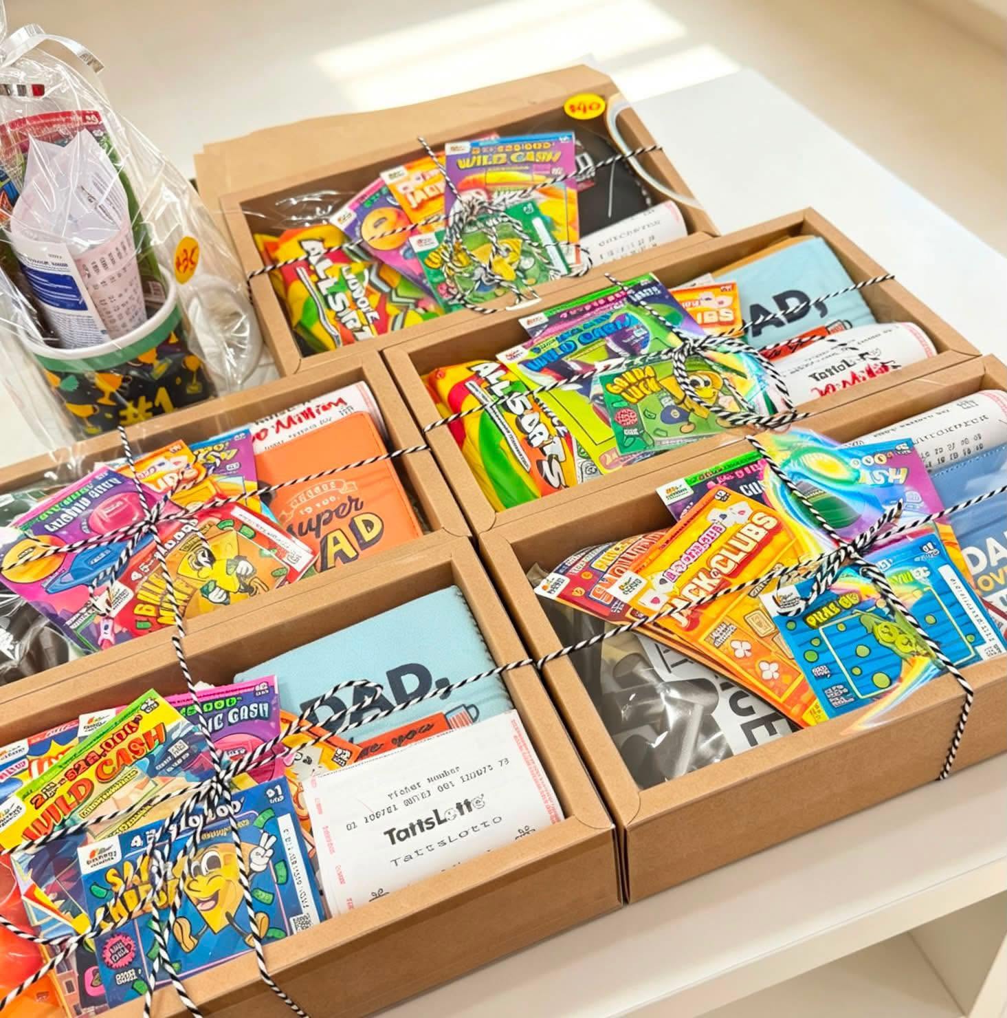 Kraft gift boxes tied with twine, filled with scratch-it tickets, lottery tickets and small gifts